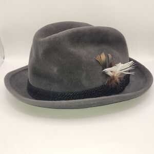 VTG Mallory Torino Quality Mens Fedora gray grey Hat Feather 6 3/4 Flaw